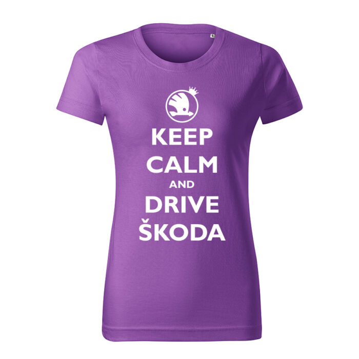 keep calm and drive skoda damske tricko biela fialova