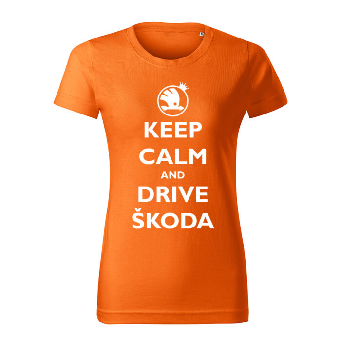 keep calm and drive skoda damske tricko biela oranzova